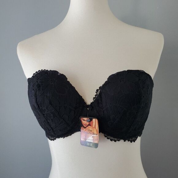 Victorias Secret Black Lace Strapless Multi Way Underwire Miracle Bra Womens 36B - Picture 1 of 8